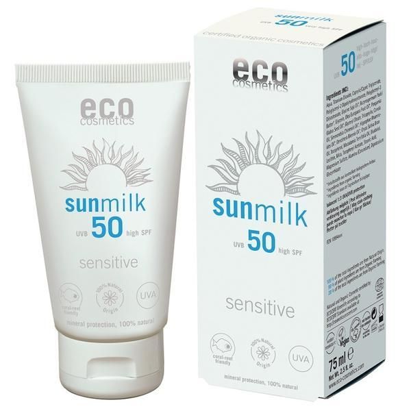 Eco Cosmetics Органично плажно мляко за чувствителна кожа с малиново масло SPF 50 Eco Cosmetics, 75 мл
