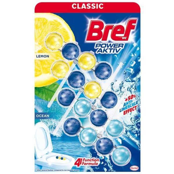 Bref Освежител за тоалетна с аромат на лимон и океан - Bref WC Power Aktiv Lemon-Ocean, 4 x 50 гр