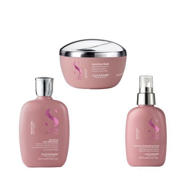 Alfaparf Milano Овлажняващ пакет за суха коса - Alfaparf Milano Semi di Lino Moisture Nutritive: Овлажняващ шампоан 250 мл, Овлажняваща маска 200 мл, Овлажняваща течност за лечение 125 мл