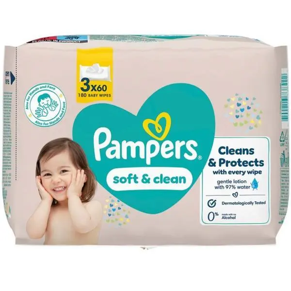 Pampers Пакет бебешки кърпички - Pampers Soft&amp;Clean, 3 x 60 бр