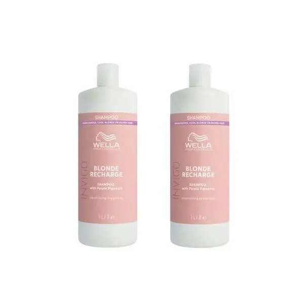 Wella Professionals Пакет от 2 x Шампоан с виолетов пигмент за неутрализиране на жълти тонове - Wella Professionals Invigo Blonde Recharge, 1000 мл