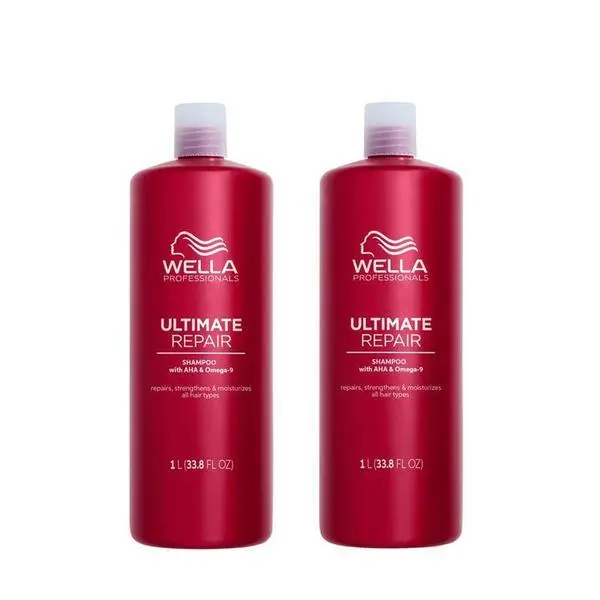 Wella Professionals Пакет от 2 x Възстановяващ шампоан с AHA и Омега 9 за увредена коса Стъпка 1 - Wella Professionals Ultimate Repair Shampoo, 1000 мл