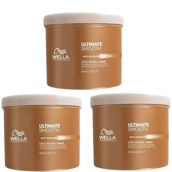 Wella Professionals Пакет от 3 хидратиращи маски за суха и безжизнена коса със сквалан и омега 9 - Wella Professionals Ultimate Smooth с ефект против накъдряне, 500 мл