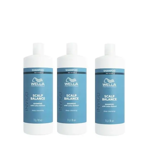 Wella Professionals Пакет от 3 x Дълбоко почистващ шампоан за мазен скалп - Wella Professionals Invigo Scalp Balance Deep Cleansing, 1000 мл