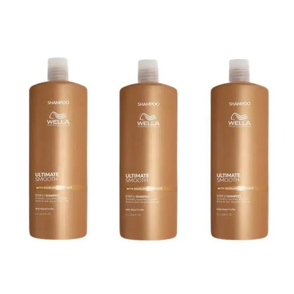 Wella Professionals Пакет от 3 x Хидратиращ шампоан за суха и безжизнена коса със сквалан и омега 9 - Wella Professionals Ultimate Smooth с антистатичен ефект, 1000 мл