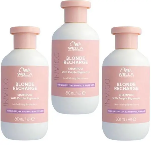 Wella Professionals Пакет от 3 x Шампоан с виолетов пигмент за неутрализиране на жълти тонове - Wella Professionals Invigo Blonde Recharge, 300 мл