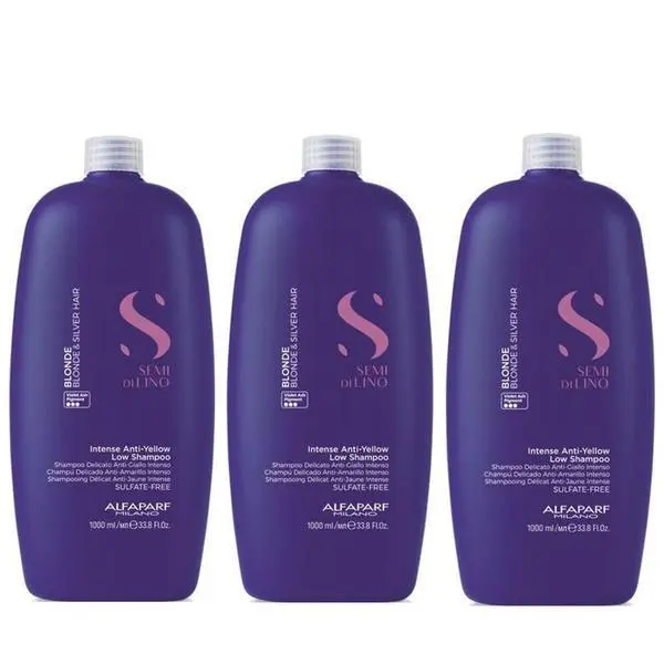 Alfaparf Milano Пакет от 3 x Шампоан за неутрализиране на жълти тонове - Alfaparf Milano Semi di Lino Intense Anti-Yellow Low Shampoo, 1000 мл