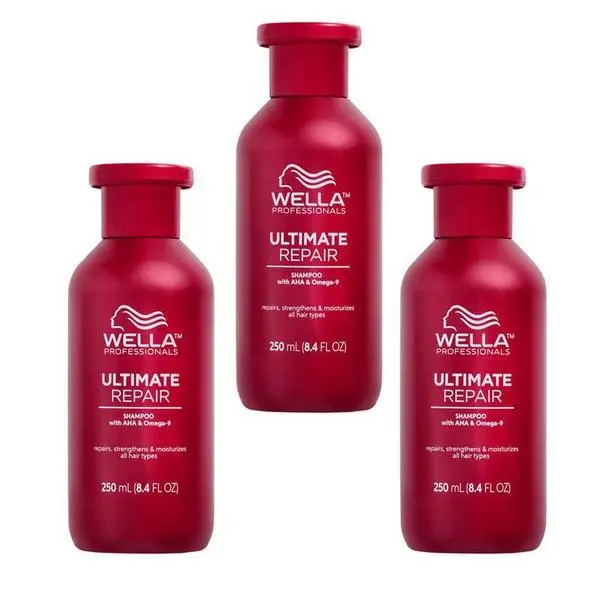 Wella Professionals Пакет от 3 x Възстановяващ шампоан с AHA и Омега 9 за увредена коса Стъпка 1 - Wella Professionals Ultimate Repair Shampoo, 250 мл