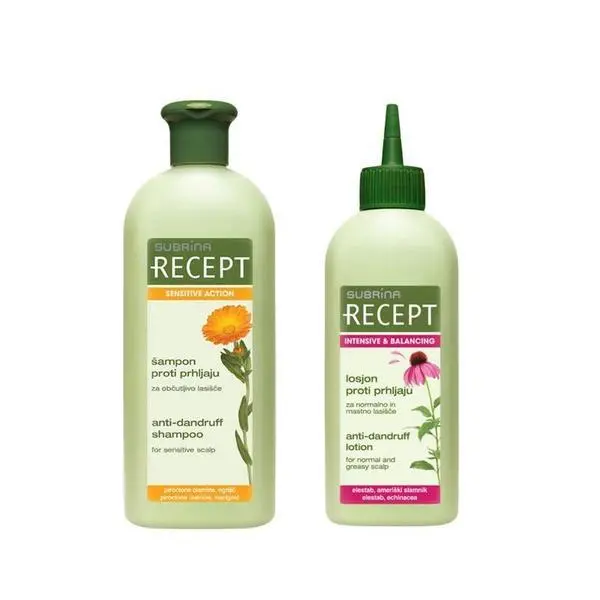 Subrina Пакет против пърхот за чувствителен и мазен скалп - Subrina Recept Sensitive Action Anti-Dandruff: Шампоан 400 мл, Лосион 200 мл