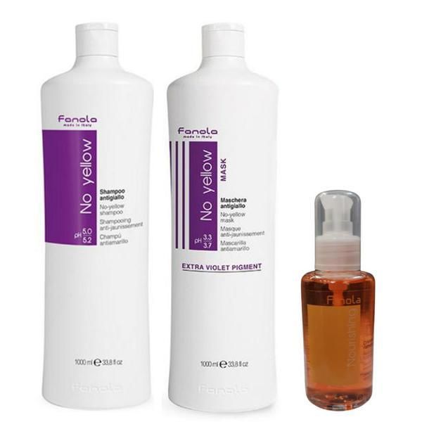 Fanola Пакет против жълти тонове Fanola - Маскапротив жълти тонове Fanola , 1000 мл; Шампоан против жълти тонове Fanola , 1000 мл; Течен кристал серум за преструктуриране , 100 мл