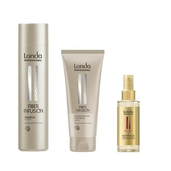 Londa Professional Пакет с кератин за реконструкция - Londa Professional Fiber Infusion Keratin: Шампоан 250 мл, Реконструктивна терапия 200 мл, Арганово масло 30 мл