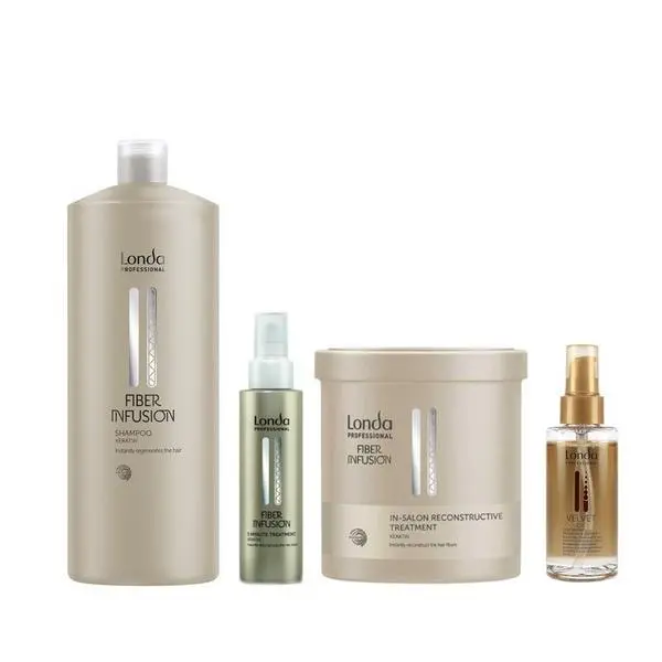 Londa Professional Пакет с кератинова реконструкция - Londa Professional Fiber Infusion: Шампоан 1000 мл, Реконструктивна терапия 750 мл, 5-минутна терапия 100 мл, Арганово масло 100 мл