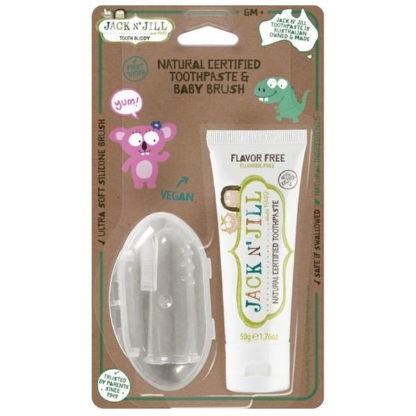 Jack n'Jill Пакет с паста за зъби без аромат и силиконова четка за зъби за бебета Jack n&#039; Jill,