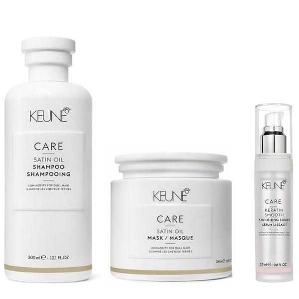 Keune Пакет за блясък и хранене - Keune Care Satin Oil &amp; Keune Care Keratin Smooth: Шампоан 300 мл, Маска 200 мл, Подсилващ и подхранващ серум 25 мл