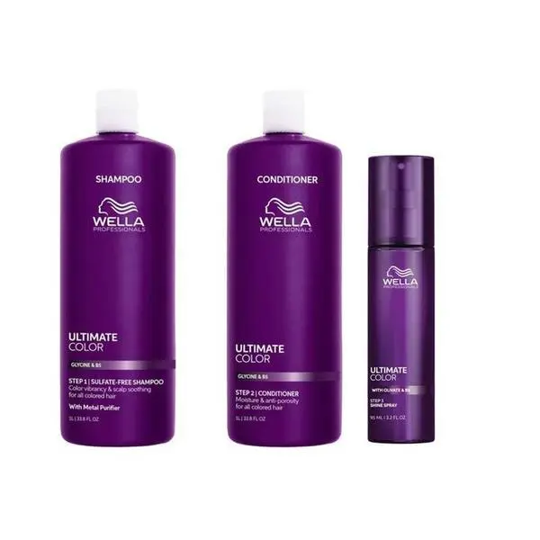 Wella Professionals Пакет за боядисана коса с глицин и B5 - Wella Professionals Ultimate Color: Шампоан 1000 мл, Балсам 1000 мл, Спрей за блясък 95 мл