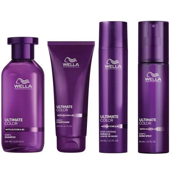 Wella Professionals Пакет за боядисана коса Wella Professionals Ultimate Color: Шампоан с глицин и B5 250 мл, Балсам с глицин и B5 200 мл, Маска без отмиване с глицин и B5 95 мл, Спрей за блясък Olivate &amp; B5 95 мл
