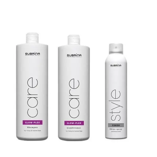 Subrina Пакет за изглаждане и интензивен блясък - Subrina Professional Glow-Plex: Шампоан 1000 мл, Балсам 1000 мл, Спрей за интензивен блясък 300 мл