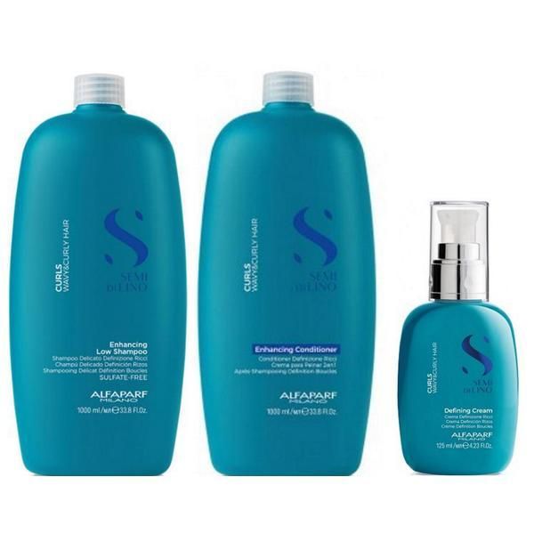 Alfaparf Milano Пакет за къдрава или вълнообразна коса - Alfaparf Semi di Lino Curls: Шампоан за къдрава коса 1000 мл, Балсам за къдрава коса 1000 мл, Крем за определяне на къдрици 125 мл