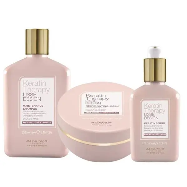 Alfaparf Milano Пакет за поддръжка след изправяне - Alfaparf Milano Keratin Therapy Lisse Design: Шампоан 250 мл, Маска 200 мл, Серум 125 мл