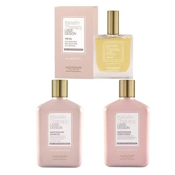 Alfaparf Milano Пакет за поддръжка след изправяне - Alfaparf Milano Lisse Design Keratin Therapy Maintenance: Шампоан 250 мл, Балсам 250 мл, Маслен еликсир 50 мл