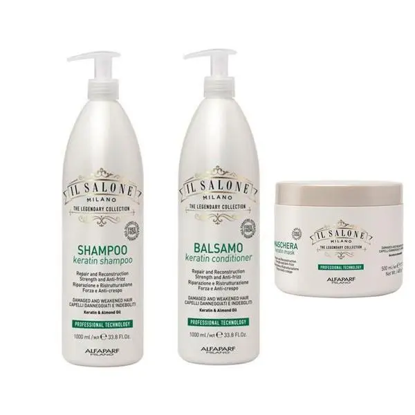 Alfaparf Milano Пакет за увредена и отслабена коса - Il Salone Professional Keratin: Шампоан 1000 мл, Балсам 1000 мл, Маска 500 мл