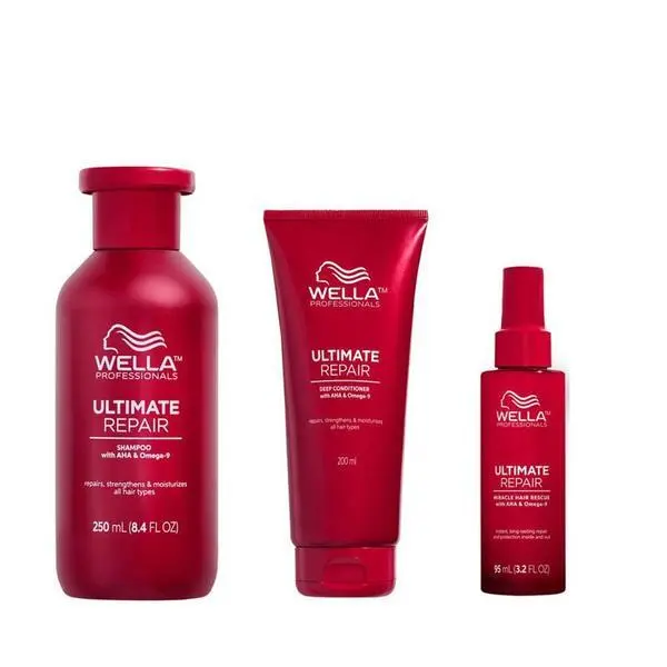 Wella Professionals Пакет за възстановяване с AHA и Омега 9 за увредена коса - Wella Professionals Ultimate Repair: Шампоан 250 мл, Балсам 200 мл, Серум 95 мл