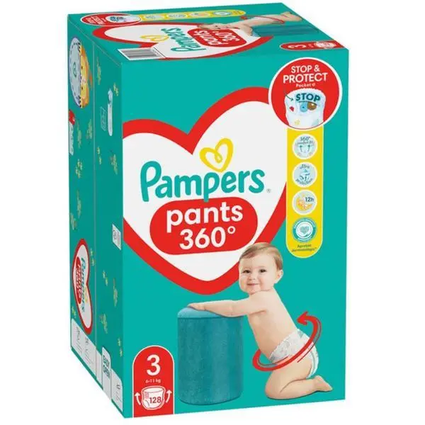 Pampers Памперси-гащички - Pampers Active Baby Pants 360&deg; Stop&amp;Protect Mega Box, размер 3 (6-11 кг), 128 бр