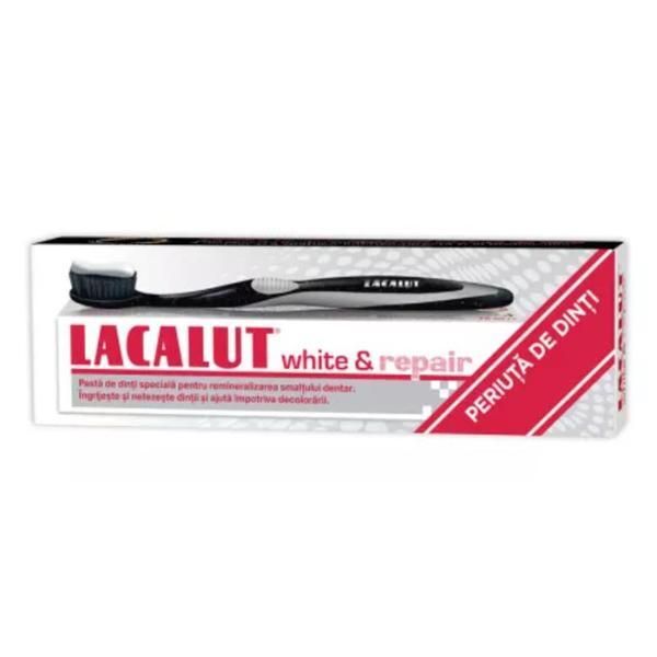 Lacalut Паста за зъби - Lacalut White &amp; Repair, 75 мл + четка за зъби Lacalut Black Edition