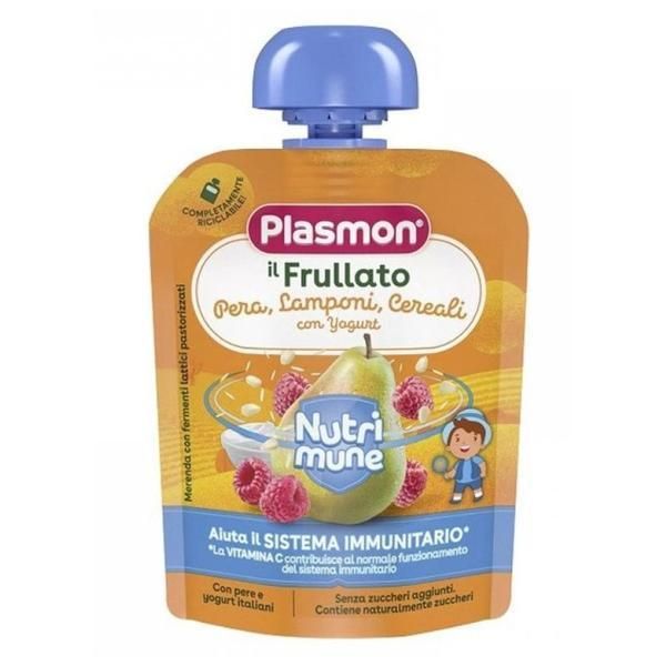 Plasmon Пастьоризирана закуска с круша, малина, зърнени храни и кисело мляко - Plasmon, 8 месеца+, 85 гр