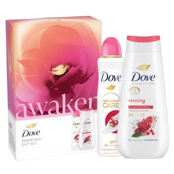Dove Подаръчен комплект Dove Awaken Essentials - Душ гел Advanced Care Reviving Pomegranate &amp; Hibiscus, 225 мл + спрей Advanced Care Go Fresh Pomegranate &amp; Lemon Verbena, 150 мл