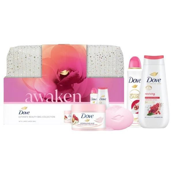 Dove Подаръчен комплект Dove Awaken Ultimate Beaty - Възстановяващ душ гел Advanced Care, 225 мл + спрей дезодорант с нар Advanced Care, 150 мл + скраб от семена от нар и карите, 225 мл + розов крем сапун, 90 гр