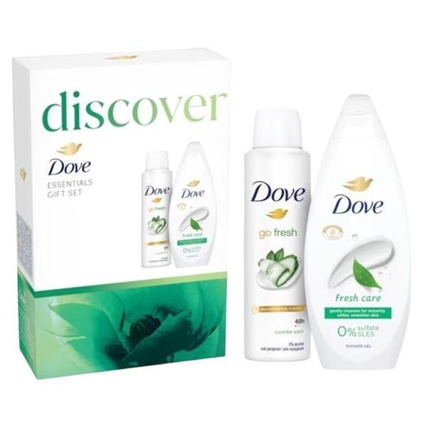 Dove Подаръчен комплект Dove Discover Essentials - Душ гел Fresh Care, 250 мл + дезодорант спрей Fresh Cucumber Anti-perspirant, 150 мл