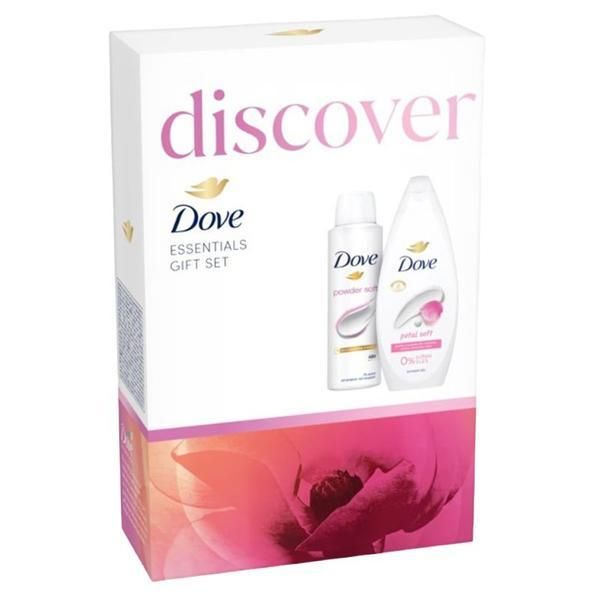 Dove Подаръчен комплект Dove Discover Essentials - мек душ гел Petal, 250 мл + дезодорант спрей пудра мек антиперспирант, 150 мл