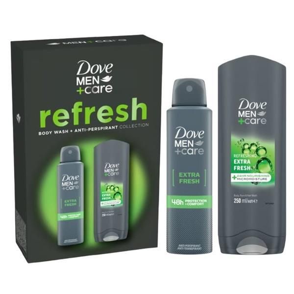 Dove Подаръчен комплект Dove Men +Care Refresh Collection - Освежаващ душ гел Extra Fresh Body, Face &amp; Hair Wash, 250 мл + дезодорант спрей Extra Fresh 48h Protection+Comfort, 150 мл