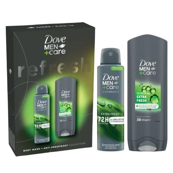 Dove Подаръчен комплект Dove Men +Care Refresh Collection - Освежаващ душ гел Extra Fresh за тяло, лице и коса, 250 мл + дезодорант спрей Advanced 72h Protection Extra Fresh, 150 мл