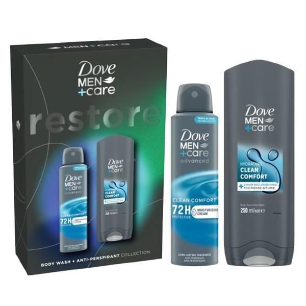 Dove Подаръчен комплект Dove Men +Care Restore Collection - Душ гел Hydrating Clean Comfort Body, Face &amp; Hair Wash, 250 мл + дезодорант спрей Advanced 72h Protection Clean Comfort, 150 мл