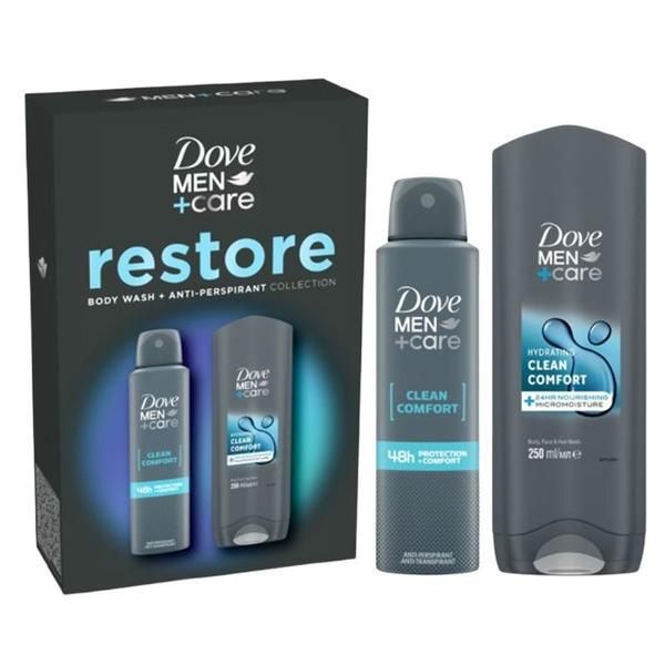 Dove Подаръчен комплект Dove Men +Care Restore Collection - Душ гел Hydrating Clean Comfort Body, Face &amp; Hair Wash, 250 мл + дезодорант спрей Clean Comfort 48h Protection+Comfort, 150 мл