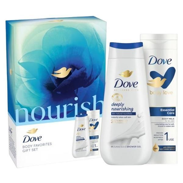 Dove Подаръчен комплект Dove Nourish Essentials - Дълбоко подхранващ душ гел Advanced Care, 225 мл + мляко за тяло Body Love Essential Care, 250 мл