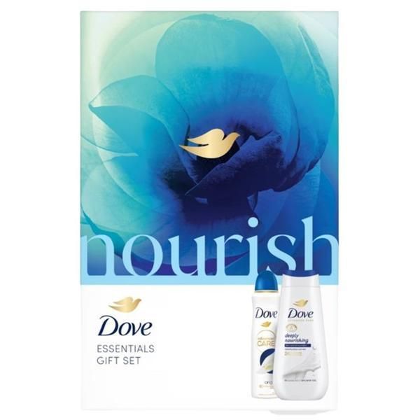 Dove Подаръчен комплект Dove Nourish Essentials - Дълбоко подхранващ душ гел Advanced Care, 225 мл + Оригинален спрей дезодорант против изпотяване Advanced Care, 150 мл