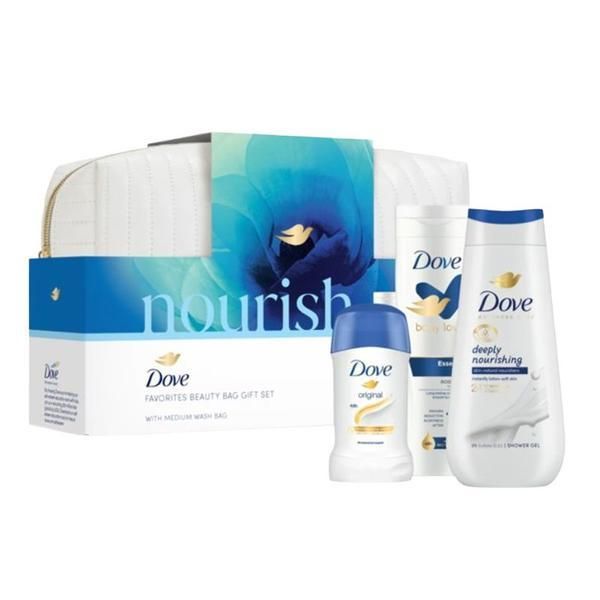 Dove Подаръчен комплект Dove Nourish Favorites Beauty Bag - Дълбоко подхранващ душ гел Advanced Care, 225 мл + мляко за тяло Body Love Essential Care, 250 мл + оригинален дезодорант стик, 40 мл