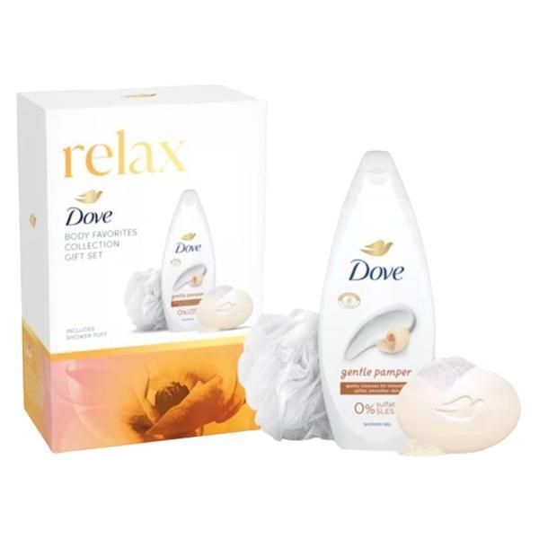 Dove Подаръчен комплект Dove Relax Body Favorites Collection - душ гел Gentle Pamper, 250 мл + твърд подхранващ козметичен крем сапун, 90 гр + душ пуф
