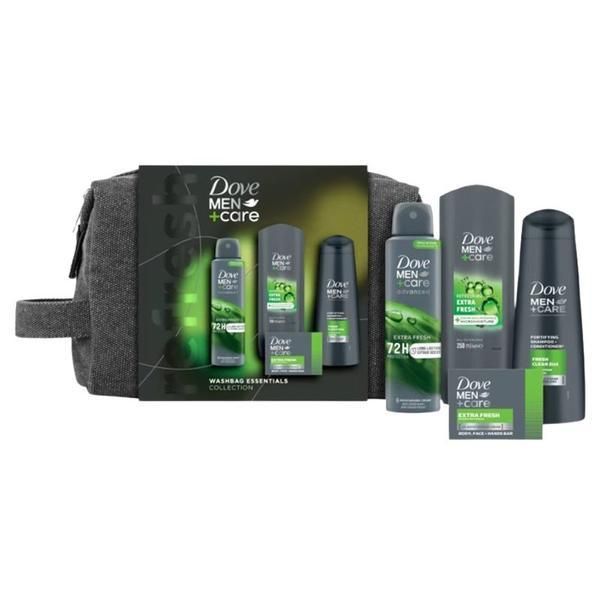 Dove Подаръчен комплект Dove за мъже + Care Refresh Collection Washbag Essentials - освежаващ душ гел, 250 мл + крем сапун Extra Fresh, 90 гр + подсилващ шампоан, 250 мл + дезодорант спрей Extra Fresh, 150 мл