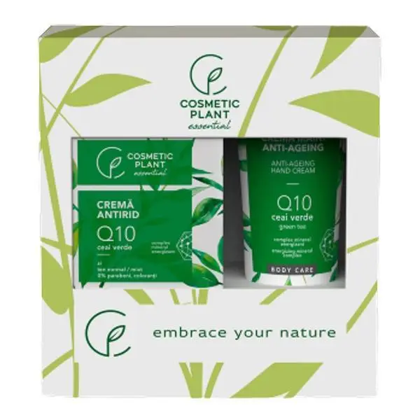 Cosmetic Plant Подаръчен комплект Essential Cosmetic Plant - Q10 Дневен крем против бръчки и зелен чай, 50 мл + Q10 Anti-Aging крем за ръце и зелен чай, 100 мл