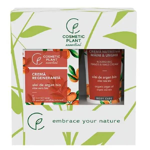 Cosmetic Plant Подаръчен комплект Essential Regenerating Cosmetic Plant - Регенериращ дневен крем с масло от арган и алое вера, 50 мл + подхранващ крем за ръце и нокти с масло от арган и алое вера, 100 мл