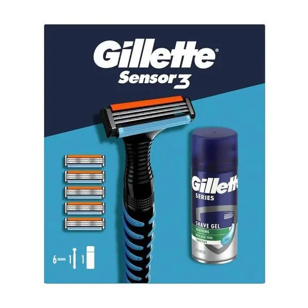 Gillette Подаръчен комплект Gillette Sensor 3: Самобръсначка с 5 резервни части + успокояващ гел за бръснене Series Sensitive с алое вера, 75 мл, 1 комплект