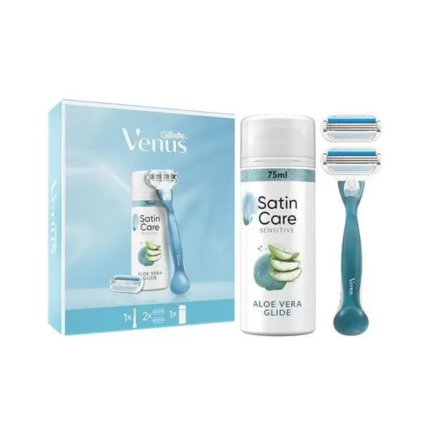 Gillette Подаръчен комплект Gillette Venus Smooth: Самобръсначка с 1 резервна пълнител + гел за бръснене Satin Care Sensitive Aloe Vera Glide, 75 мл, 1 комплект
