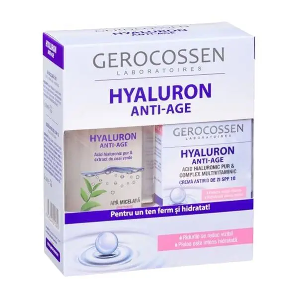 Gerocossen Подаръчен комплект Hyaluron Anti-Age - Дневен крем против бръчки с SPF 10, 50 мл и мицеларна вода 3 в 1, 300 мл, Gerocossen