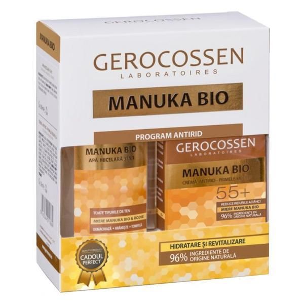 Gerocossen Подаръчен комплект Manuka Bio - Крем против бръчки 55+, 50 мл и Мицеларна вода 3 в 1, 300 мл, Gerocossen