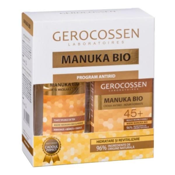Gerocossen Подаръчен комплект Manuka Bio - Крем против бръчки за образувани бръчки 45+, 50 мл и Мицеларна вода 3 в 1, 300 мл, Gerocossen