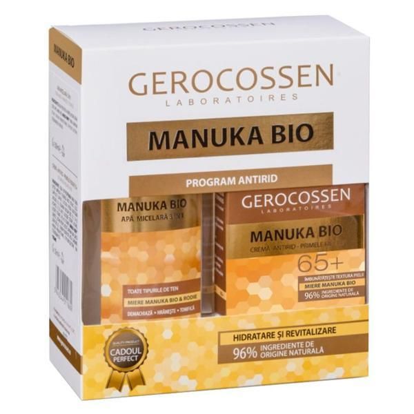 Gerocossen Подаръчен комплект Manuka Bio - Възстановяващ крем против бръчки 65+, 50 мл и мицеларна вода 3 в 1, 300 мл, Gerocossen